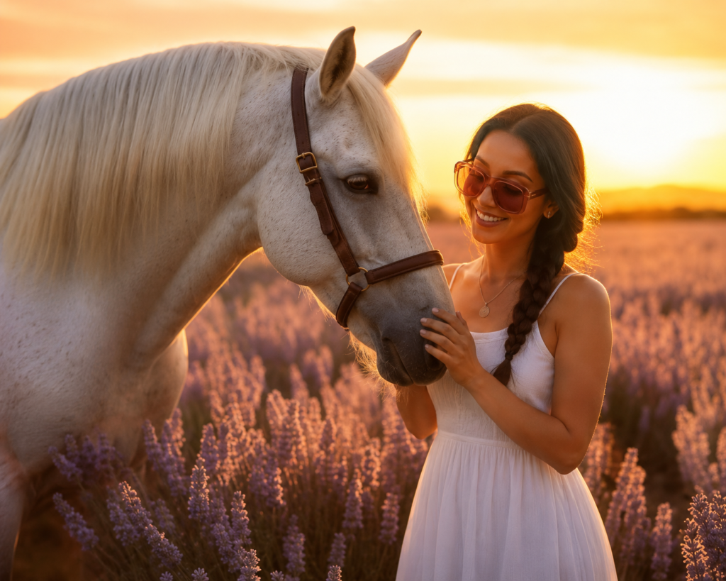 Woman in a white dress with a braid and sunglasses smiles while stroking a white horse in a lavender field at sunset.