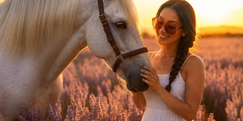 Woman in a white dress with a braid and sunglasses smiles while stroking a white horse in a lavender field at sunset.