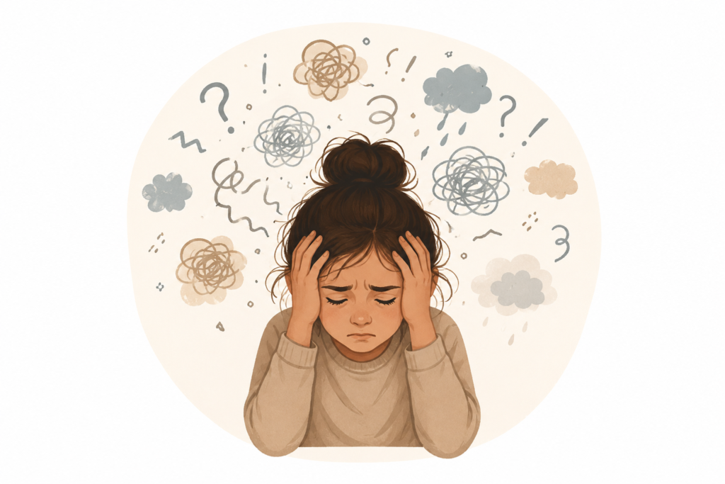 Young girl sits with eyes closed, hands on her head, surrounded by tangled scribbles and cloudy shapes that symbolize anxiety.
