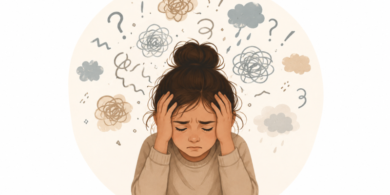 Young girl sits with eyes closed, hands on her head, surrounded by tangled scribbles and cloudy shapes that symbolize anxiety.