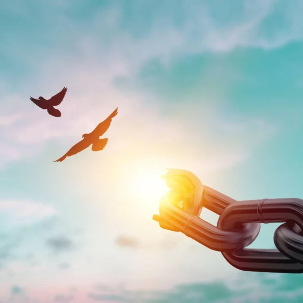 Broken chain link with birds flying free into a bright sky