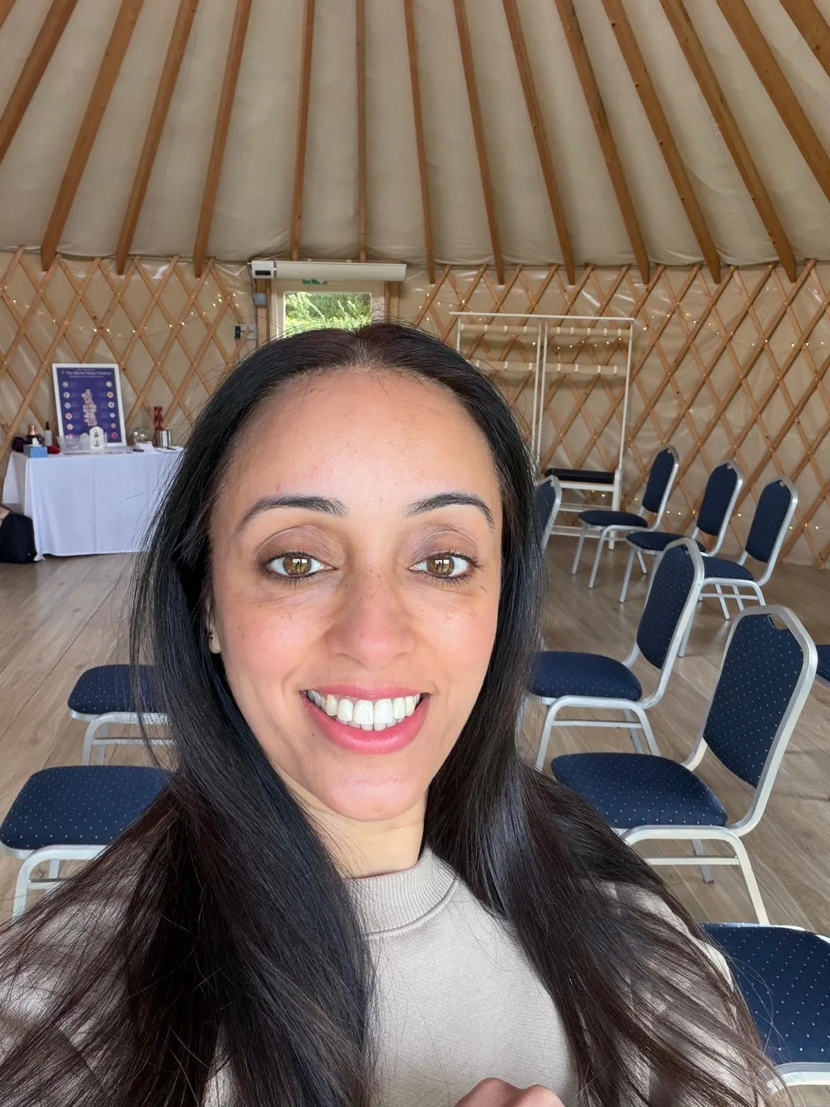 Sharon Sidhu in the yurt at a Wellness Day Retreat, Wootton Wellness Park